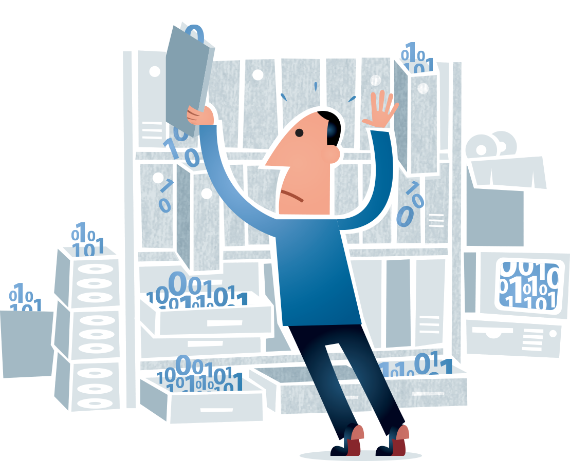 cartoon depiction of man at wall of data