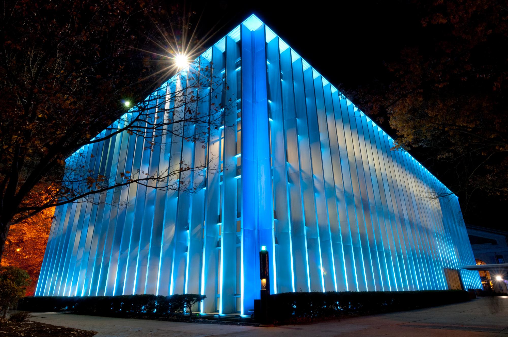 Hunt Library exterior shot with blue light