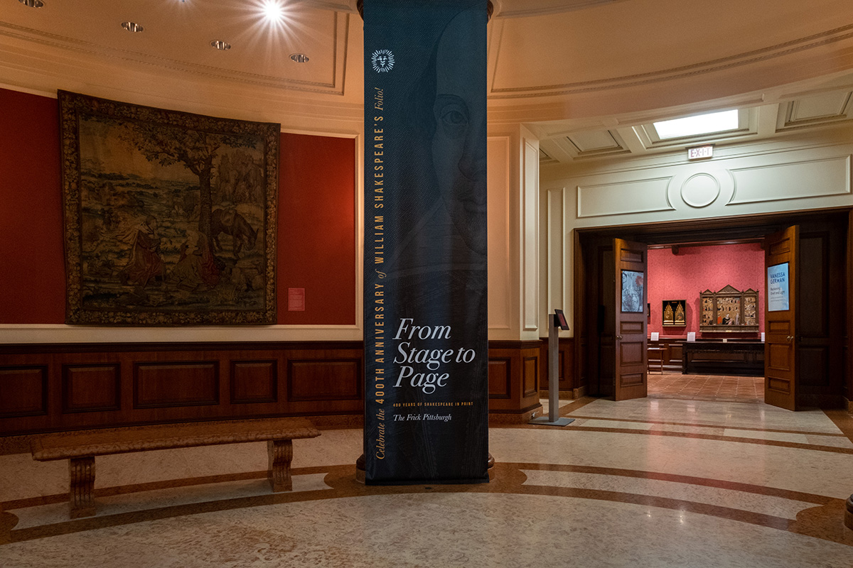 "From Stage to Page" exhibit banner in the Frick Art Museum rotunda.