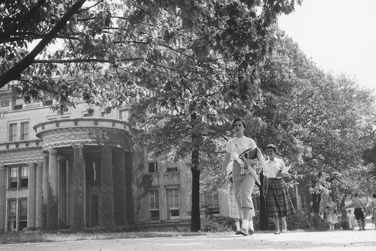 CMU students walk across campus. c.1945