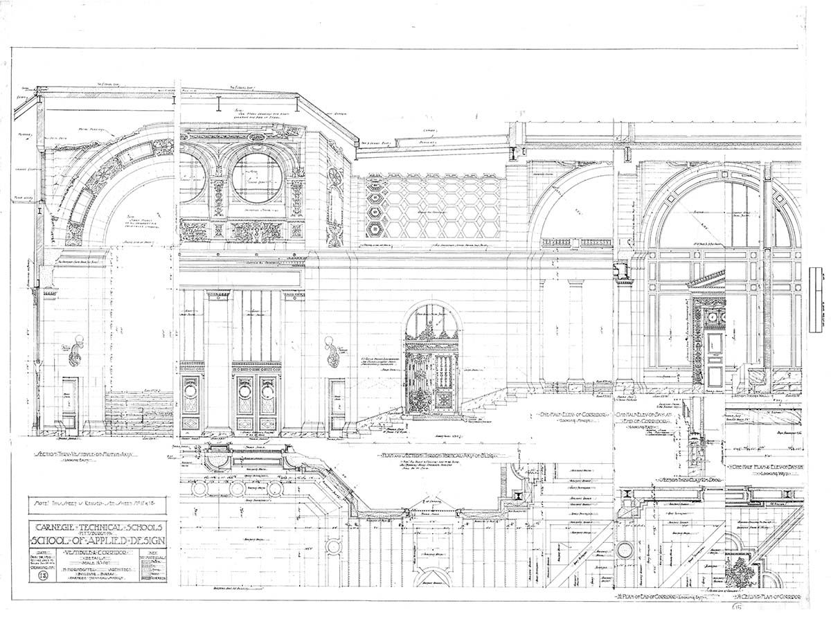 Drawing of Vestibule and Corridor Details, Carnegie Mellon University College of Applied Design (College of Fine Arts), Henry Hornbostel, 1911-12. Carnegie Mellon University Architecture Archives.