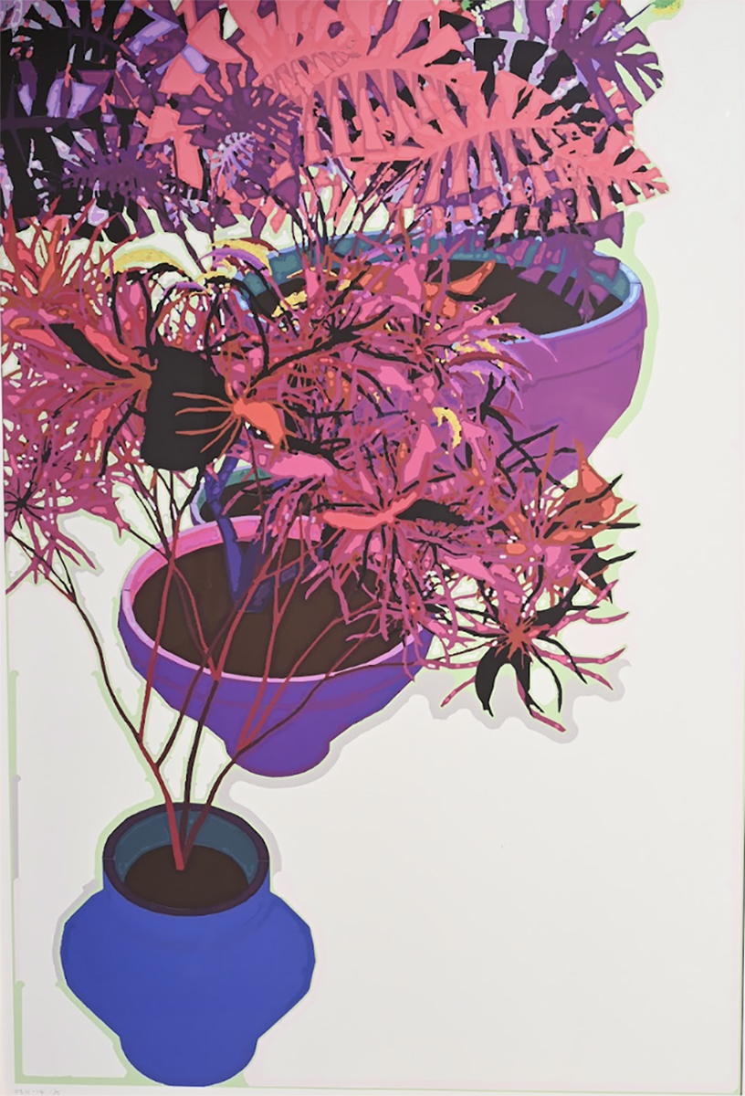 "Untitled, Three Flowers in Containers" by Harold Cohen, 2003. Computer generated painting, colored by AARON.