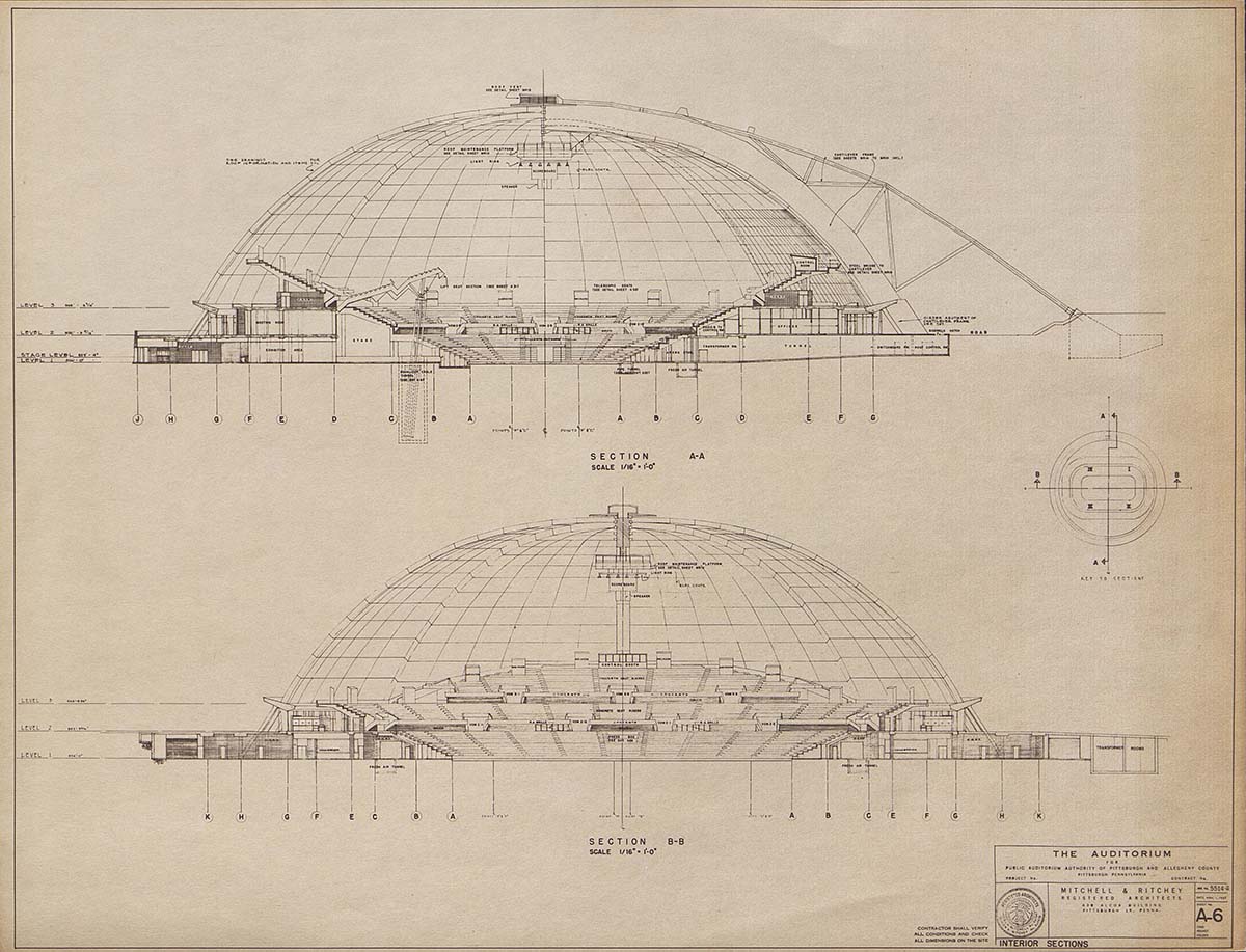 Section Drawings of The Auditorium (Civic Arena), Mitchell & Ritchey, 1961. Carnegie Mellon University Architecture Archives.