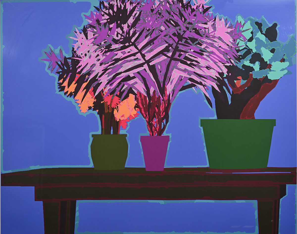 "Untitled Palms and Succulents in 3 Containers" by Harold Cohen, 2003. Computer generated painting, colored by AARON.