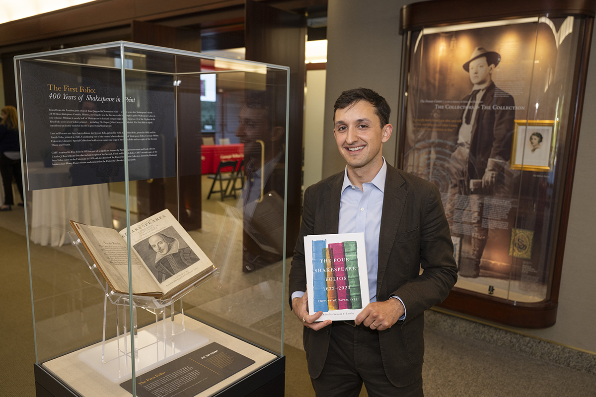 Curator of Special Collections Sam Lemley poses with a copy of Shakespeare's First Folio at the book launch for "The Four Shakespeare Folios, 1623–2023: Copy, Print, Paper, Type" in May of 2024. After the renovation, the updated and expanded space will host events that engage the campus community and beyond on a wider scale.