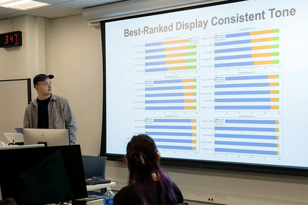 John Rose, a graduate student in the Department of English, presents a final project in the Coding for Humanists course.