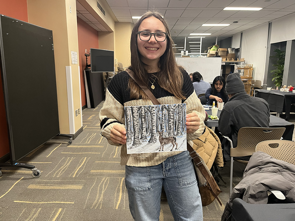 In this painting, a deer wanders through a background of realistic birch trees.