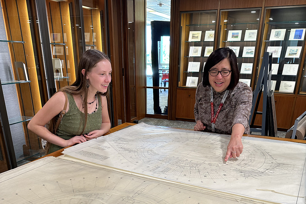 In the Architecture Archives, Arts and Humanities Librarian Lynn Kawaratani displayed drawings and archival material like a letter by Frank Lloyd Wright, drawings of the original Ferris Wheel and models of proposed CMU buildings.