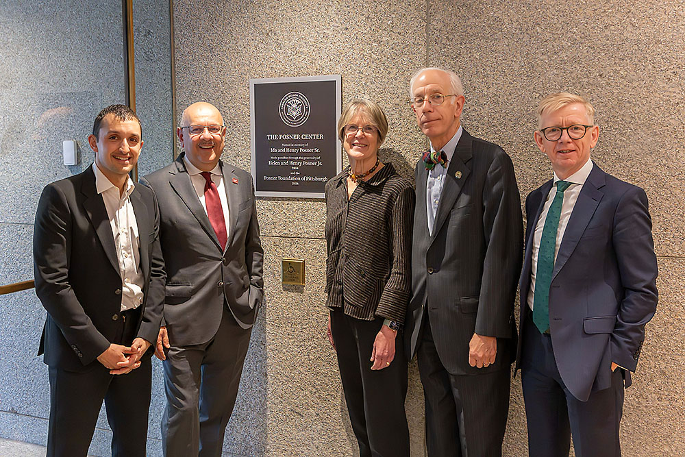 From left to right: Curator of Special Collections Sam Lemley, President Farnam Jahanian, Anne Molloy, Henry Posner III, and Helen and Henry Posner, Jr. Dean of the University Libraries Keith Webster