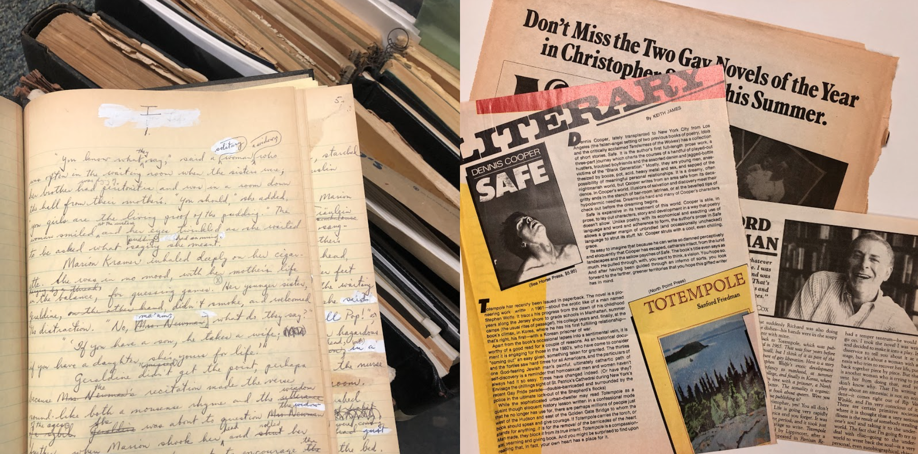 Left: Manuscript. Right: Press clippings featuring reviews of “Totempole”.