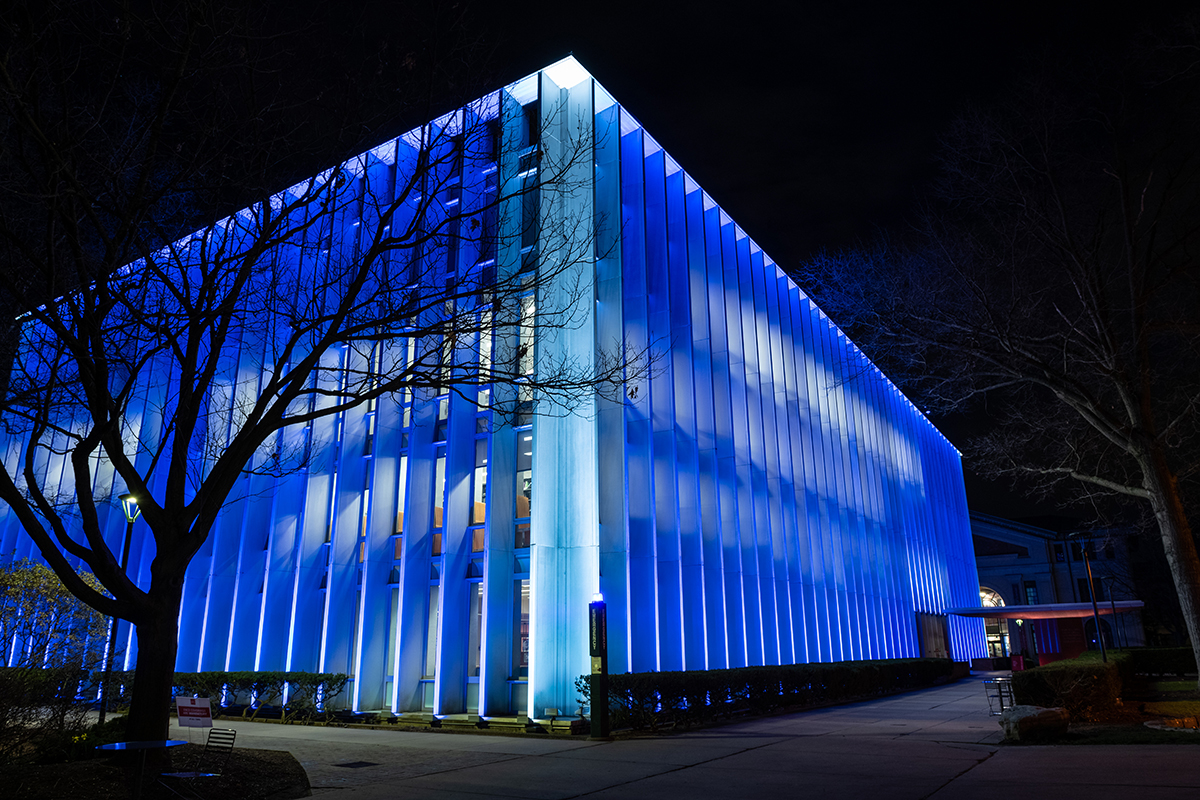 Hunt Library exterior lights at night