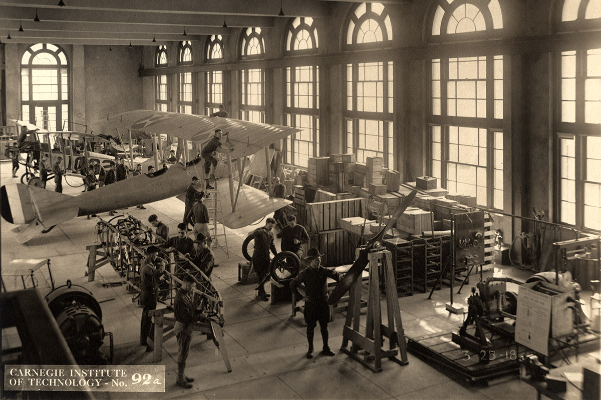A view of the airplane mechanics shop in the Langley Aeronautical Laboratory at the Carnegie Institute of Technology that was built especially for the United States Army’s School for Radio Mechanics and Airplane Mechanics during World War I.