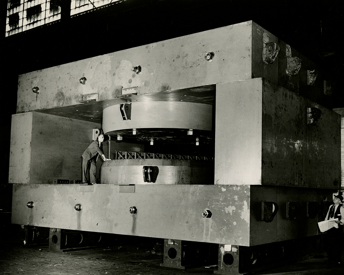 The cyclotron steel, with the exception of the pole tips, is pre-assembled at Homestead. The space between the poles is measured and found to be accurate within .005 inch.