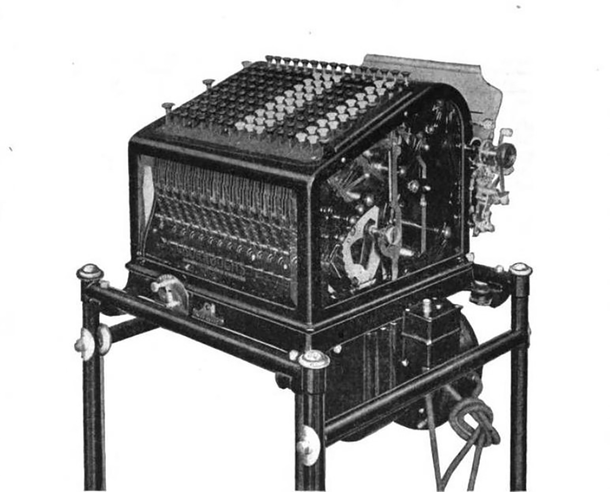 An early mechanical calculator, sold by the Burroughs Adding Machine Company.